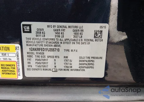 2015 Chevrolet Traverse Ls z USA, uszkodzony, nr VIN 1GNKRFED1FJ356710